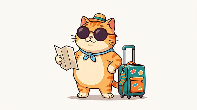 Orange tabby cat wearing sunglasses and hat holds travel map next to green suitcase for summer vacation trip and international adventure.