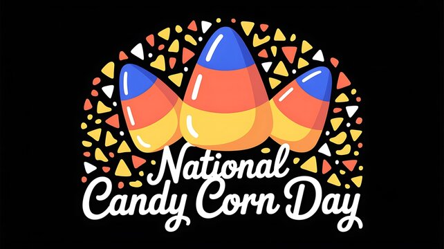 National candy corn day celebration graphic with colorful candy corn illustrations on a black background
