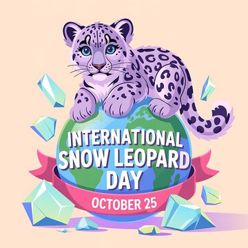 International snow leopard day poster with cute cub on globe