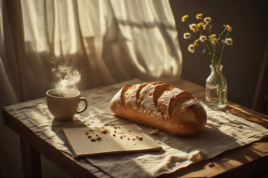 Freshly baked bread loaf and steaming cup of coffee on a rustic wooden table with morning sunlight