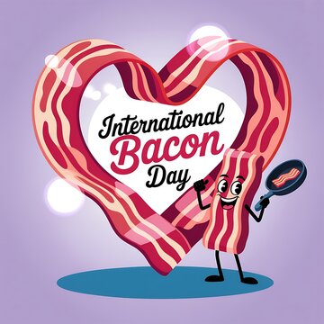 International bacon day celebration with a cute cartoon bacon strip character holding a frying pan in a heart shape