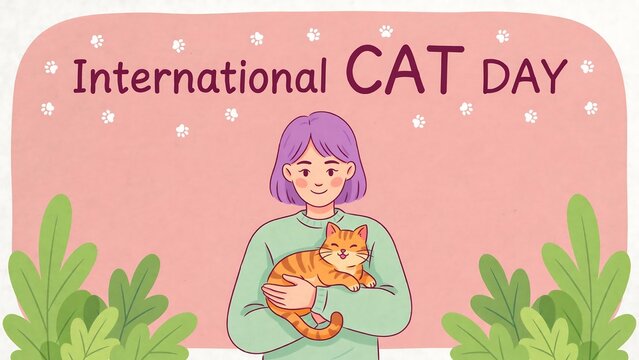 Illustration of a young woman with purple hair holding an orange tabby cat for international cat day