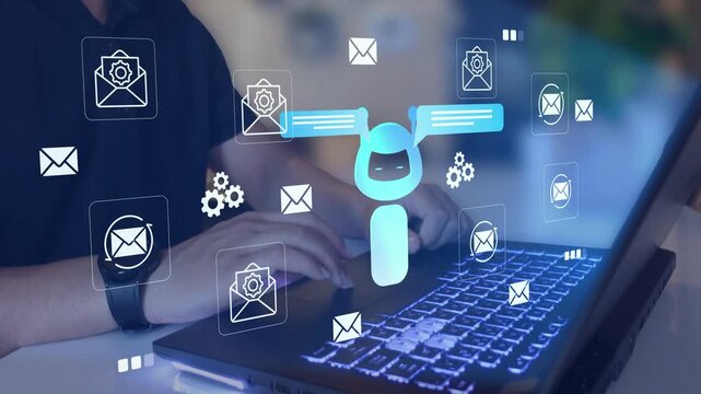 AI email assistant and smart inbox automation concept. chatbot, mail icons, messages, envelopes, auto reply, email generator, inbox management, customer communication