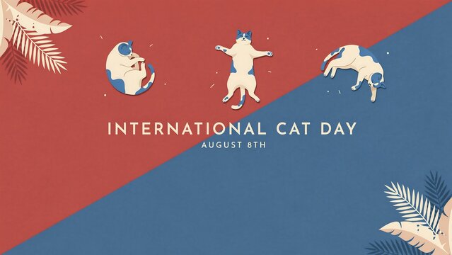 International cat day with three cute cats in different poses, august 8th
