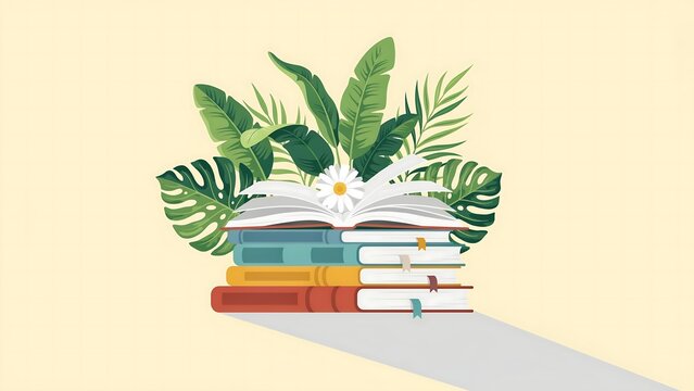 Stack of colorful books with an open book on top decorated with a daisy flower and lush tropical leaves