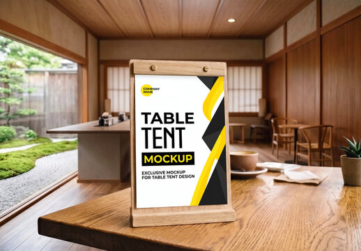 Realistic Wooden Table Tent Mockup