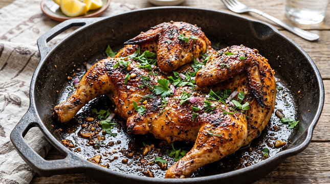 Hyper Realistic 9K Diagonal Angle Close Up Crimean Tabak Kebab Crispy Pressed Chicken Food Photography
