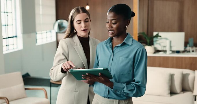 Women, team or planning with tablet in enterprise for sales proposal, financial suggestion or idea. Tech, people and collaboration in business office, investment solution or help with budget advice