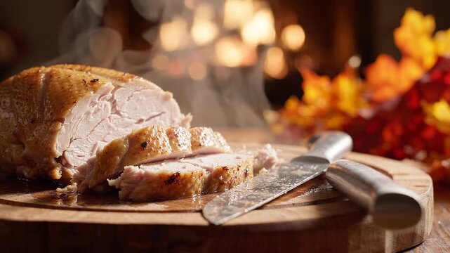 Sliced roasted turkey breast rests on a wooden cutting board next to a carving knife with a warm fireplace glowing in the background.