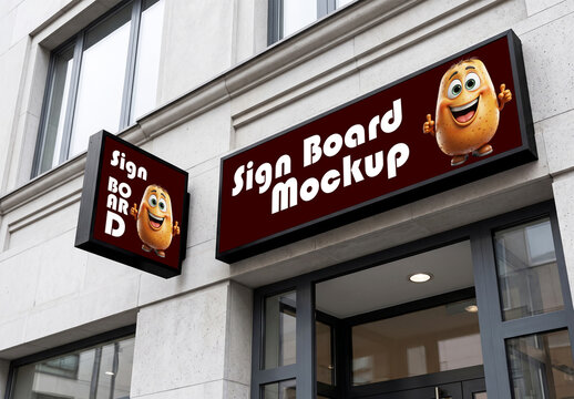 Storefront Signboard Mockup with Cartoon Mascot on Building Facade