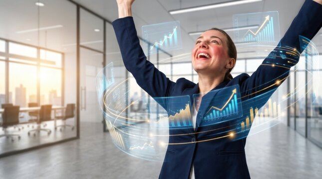 Excited businesswoman celebrating financial success with futuristic stock market data analytics charts and corporate growth graphs floating around her