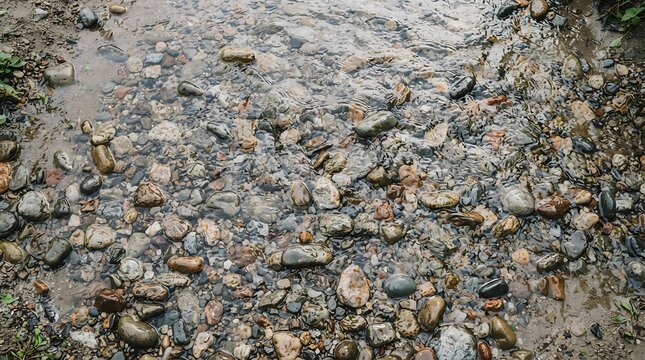 Clear water flowing over a bed of smooth river stones and pebbles.