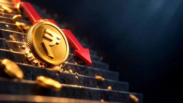 Indian rupee coin falling down stairs with red downward arrow, currency depreciation concept