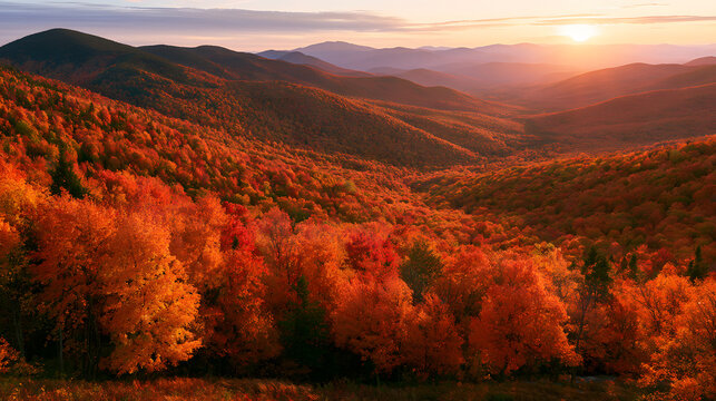 Vibrant Autumn Foliage Covering Mountainside in New England at Sunrise