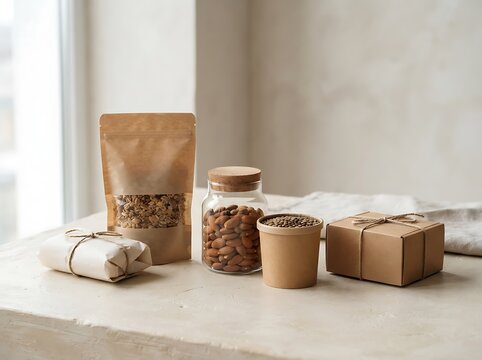 Various eco-friendly food packaging containers with nuts and seeds on a rustic table.