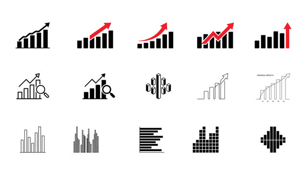 Financial growth bar chart icon set, business infographic data graph and analytics vector elements with arrow