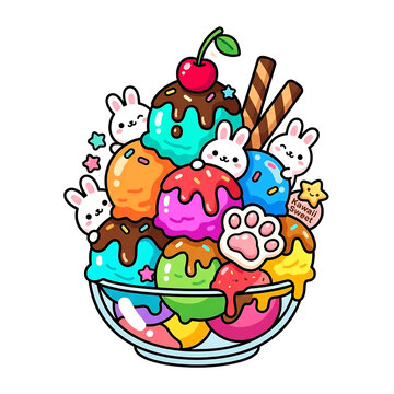 Delicious frozen dessert bowl filled with colorful ice cream scoops topped with tasty chocolate syrup crunchy wafer sticks and cute little animal characters for a cheerful summer food celebration