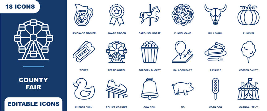 Set of 18 county fair themed icons featuring carnival attractions, food, and animals in a blue outline style on a white background