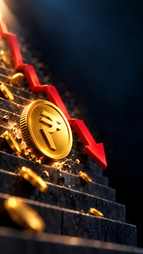 Indian rupee coin falling down stairs with red downward arrow, currency depreciation concept