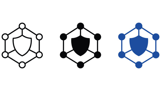 Three variations of a hexagonal network node with a central shield, shown in outline, solid black, and solid blue on a white background