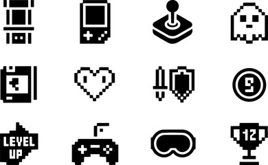 Set of monochrome retro game pixel art icons with video game © Icone Hub