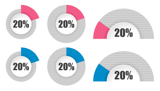 20％の円グラフと半円グラフセット パーセンテージ表示アイコン素材 20 Percent Circle and Semi Circle Chart Set Progress Infographic Elements