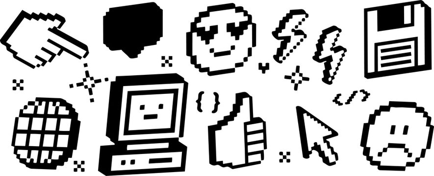 Collection of computer and internet inspired pixel art icons with internet symbo