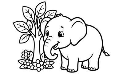 Obraz premium Cute Cartoon Baby Elephant Standing Beside Tree and Flowers Coloring Page