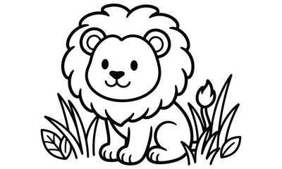 Fototapeta premium Cute Cartoon Baby Lion Cub Sitting in Meadow Grass Coloring Page for Kids