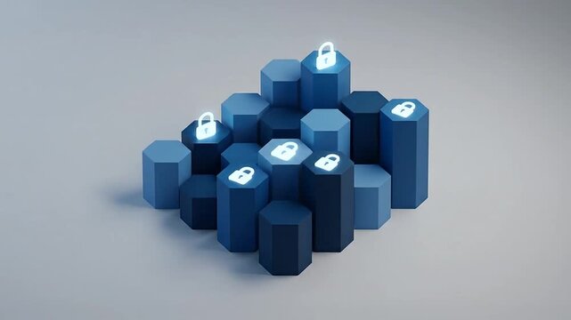 3d isometric animation of blue hexagonal pillars and glowing padlocks representing cyber security and data protection against a minimalist grey background