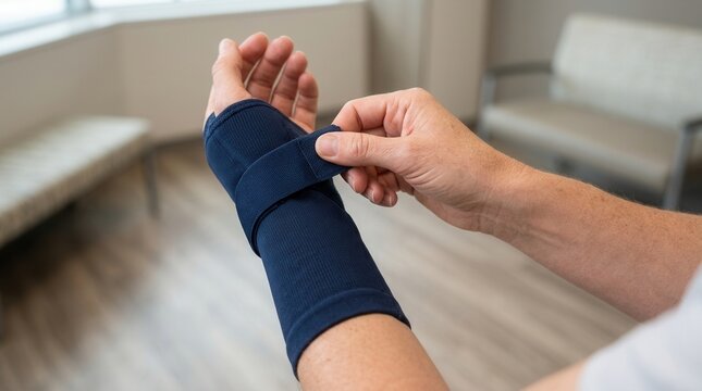 Close-up of hands applying a navy blue wrist brace for support and pain relief, focusing on healing and recovery.