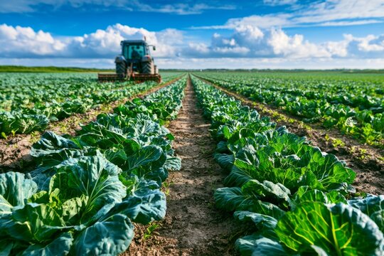 Tractor cultivating a green cabbage field on a farm