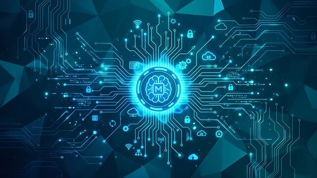 Abstract artificial intelligence brain icon glowing on circuit board network background digital technology concept
