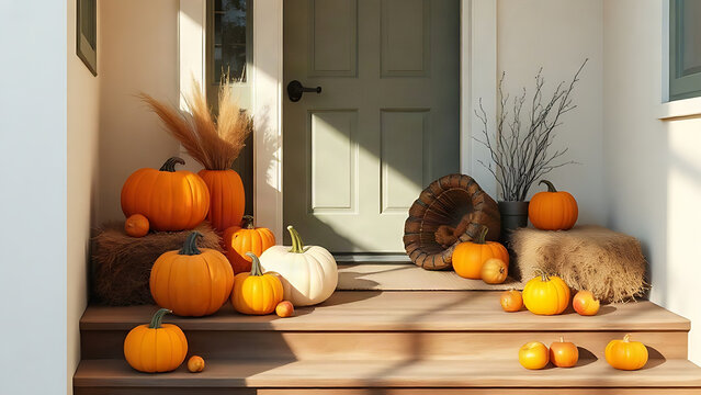 Fall harvest decor with pumpkins, hay bales, cornucopia and apples on rustic entryway steps