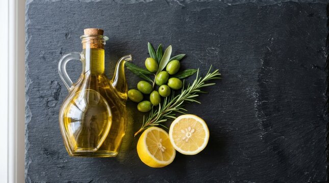 Extra virgin olive oil bottle with fresh green olives sprigs of rosemary and sliced yellow lemons arranged neatly on a dark slate background