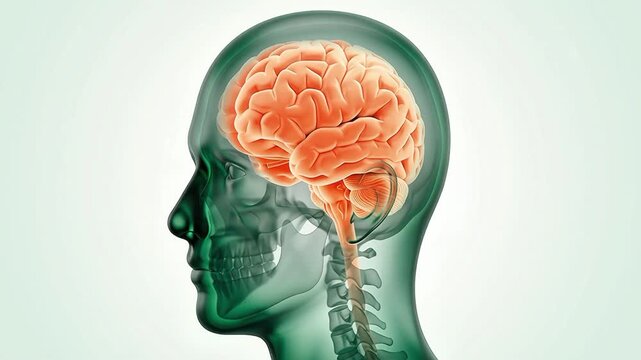 3D medical animation showing the human brain and central nervous system inside a translucent head profile