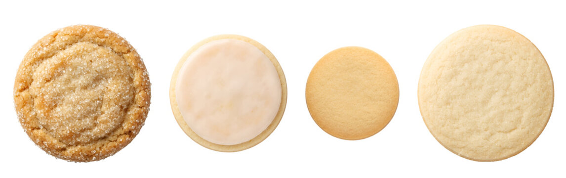 Delicious assorted round cookies featuring sugary tops and smooth glazed textures arranged in a horizontal row for culinary presentation projects displayed on transparent background