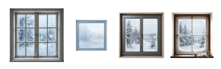 Fototapeta premium Multiple different window styles showcasing frosty winter landscapes with wooden and metallic frames and detailed snowy outdoor scenes presented in a collection isolated on transparent background