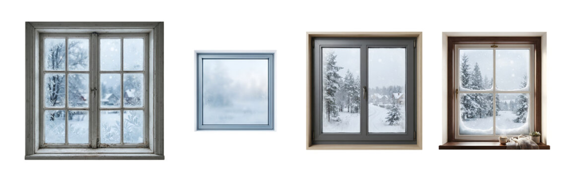 Multiple different window styles showcasing frosty winter landscapes with wooden and metallic frames and detailed snowy outdoor scenes presented in a collection isolated on transparent background