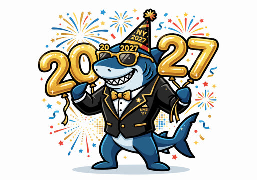 Cool Shark 2027 New Year Celebration Mascot with Fireworks Vector
