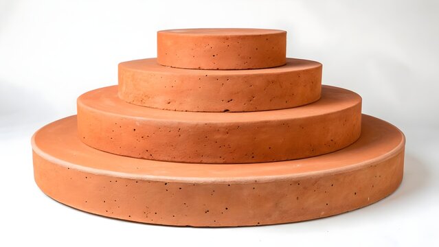 Podiums tiered arrangement featuring four round terracotta platforms stacked in a pyramid shape for product display.
