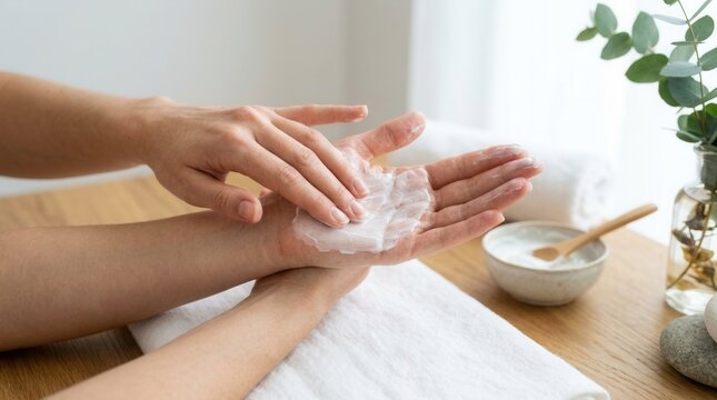 Close-up of hands applying creamy moisturizer or mask for skincare and beauty treatment, with spa elements.