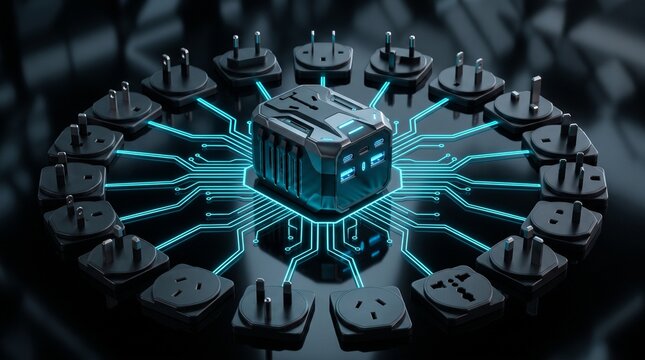 Universal travel adapter surrounded by international plug configurations, featuring electric cyan connection lines and ice blue illuminated charging ports.