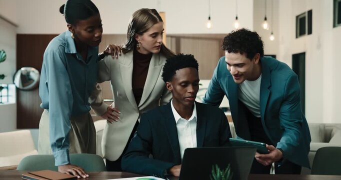Finance, discussion and people in agency with laptop, group feedback and budget analysis in meeting. Business, collaboration and stats analyst with tech, team insight or forecasting on revenue report