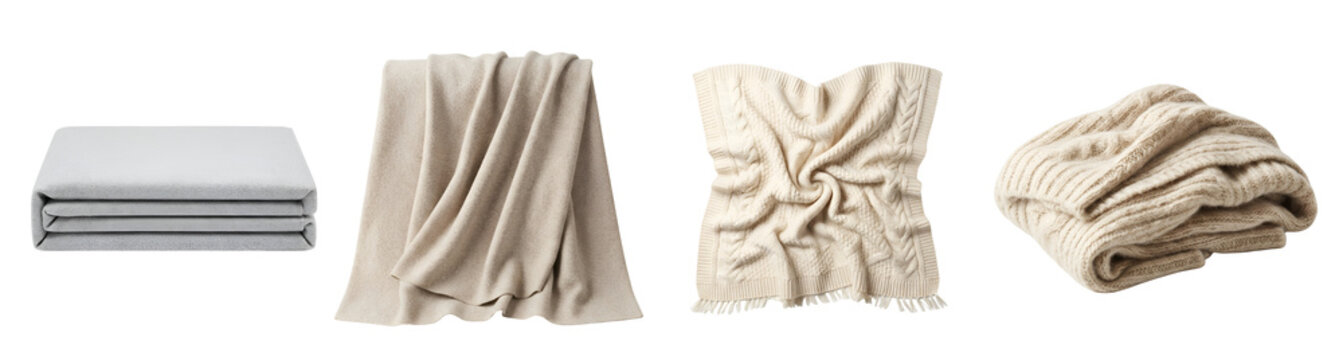 Assorted cozy blankets featuring different textures and folds in soft neutral beige and grey colors arranged neatly in a row for home comfort on transparent background