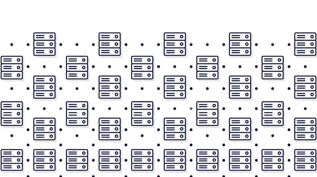 Seamless pattern of database server icons and dots on a white background. Minimalist outline flat design style. Cloud computing, web hosting, and data storage technology concept