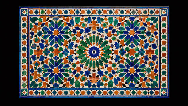 Moroccan zellige mosaic traditional handcraft dense pattern dark background cultural heritage art