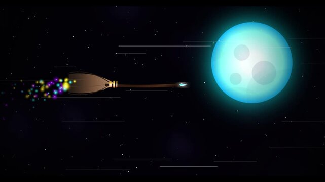 2D animation loop of a magical witch broomstick flying fast through dark starry space towards a glowing blue moon. The fantasy object leaves a vibrant colorful sparkle trail with warp speed lines.