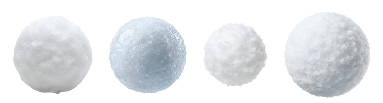 Four different textured snowball spheres showcasing frozen ice crystals and powdery white winter precipitation in high resolution isolated detail for seasonal design projects on transparent background