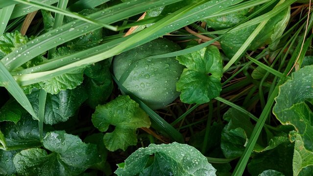 Hidden Small Watermelon Surrounded by Fresh Green Foliage